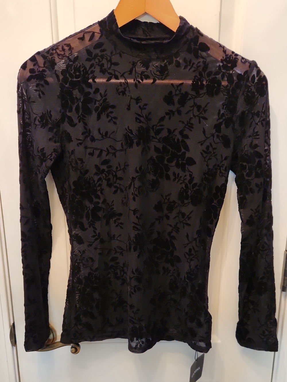 Women's Black Velvet Floral Mock Neck Long Sleeve Top